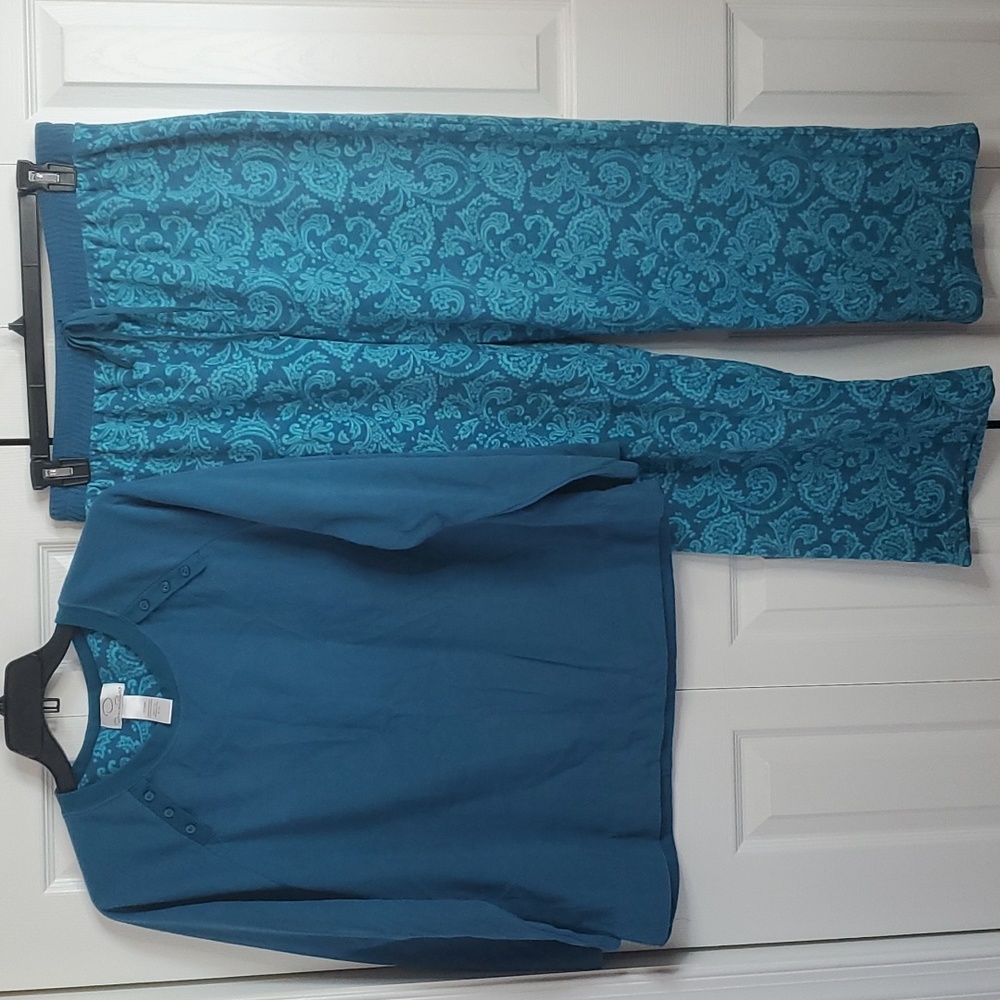 Oscar de la Renta Pajama Set Shirt & Pants Sleepwear Loungewear Cottagecore Teal